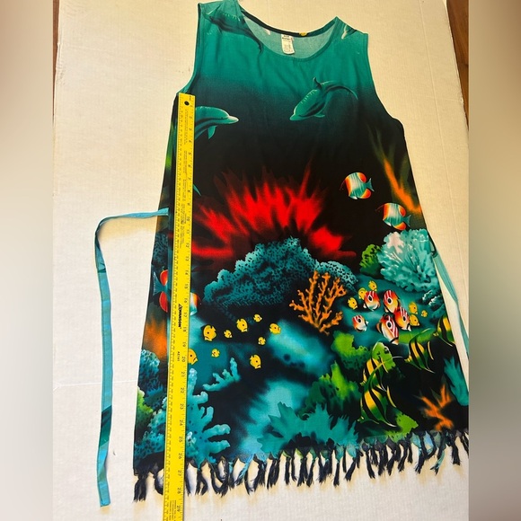 Vibrant Ocean-Themed Sleeveless Island Barrier Reef Dress Sz-L.  AA10 - Picture 8 of 8